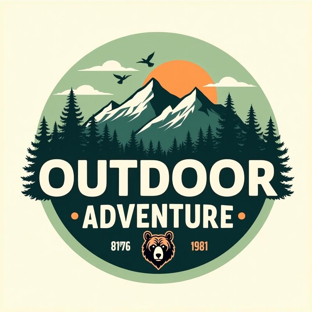 Logo design features a mountain landscape. Design includes mountains and pine trees. Sun partially hidden behind mountains. Birds flying in the sky. Text 'OUTDOOR ADVENTURE' highlighted. Small grizzly bear head emblem. Circular shape with a greenish hue. Vintage adventurous feel.