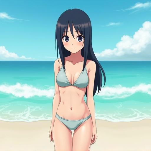 female character inspired by Sasuke from Naruto in a beach setting wearing a light purple swimsuit, mid-length straight hair, front view