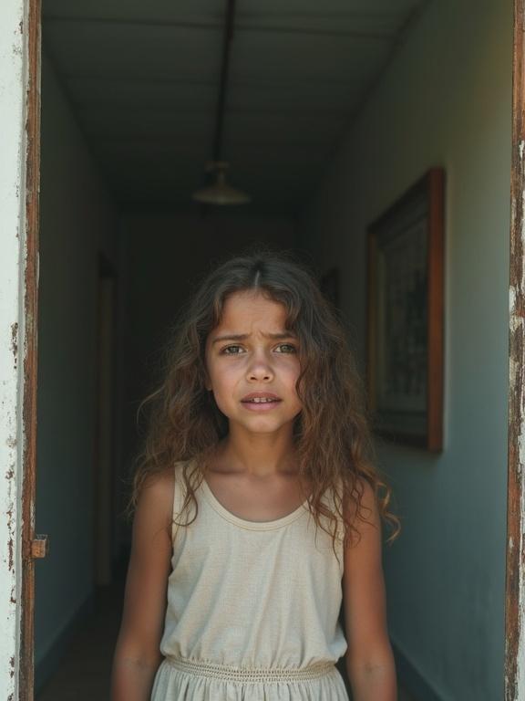 Street photography captures a girl with curly hair standing at a doorway. She expresses sadness and outrage. The scene occurs in summertime, highlighting an emotional moment.