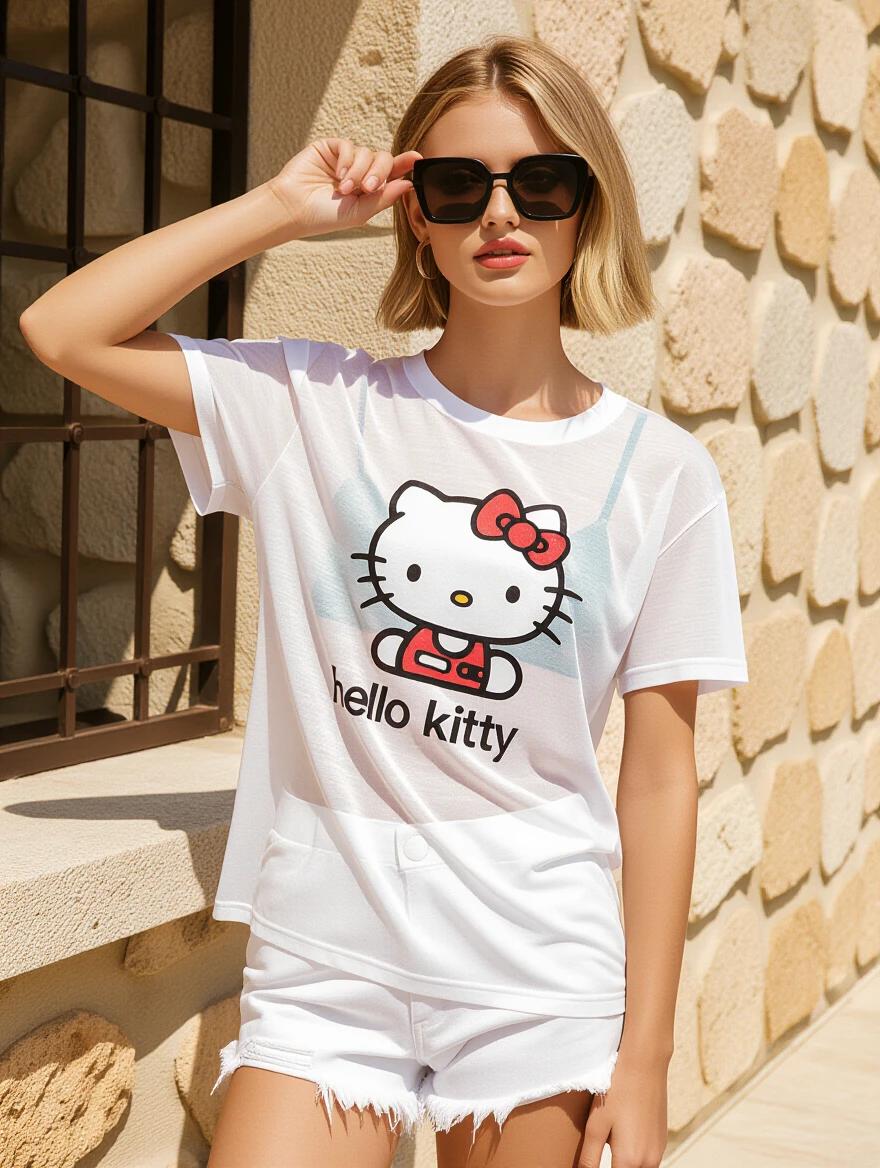 Photograph features a young woman outdoors on a sunny day. She stands in front of a rustic stone wall. The woman wears large dark-tinted sunglasses. She has short blonde hair in a casual style. The t-shirt is sheer white with a Hello Kitty graphic print. The bottoms are distressed white shorts tied at the sides. She poses confidently with arms raised behind her head. In the background is a lounge chair with a beige cushion and pink blanket. The scene suggests a summery atmosphere.