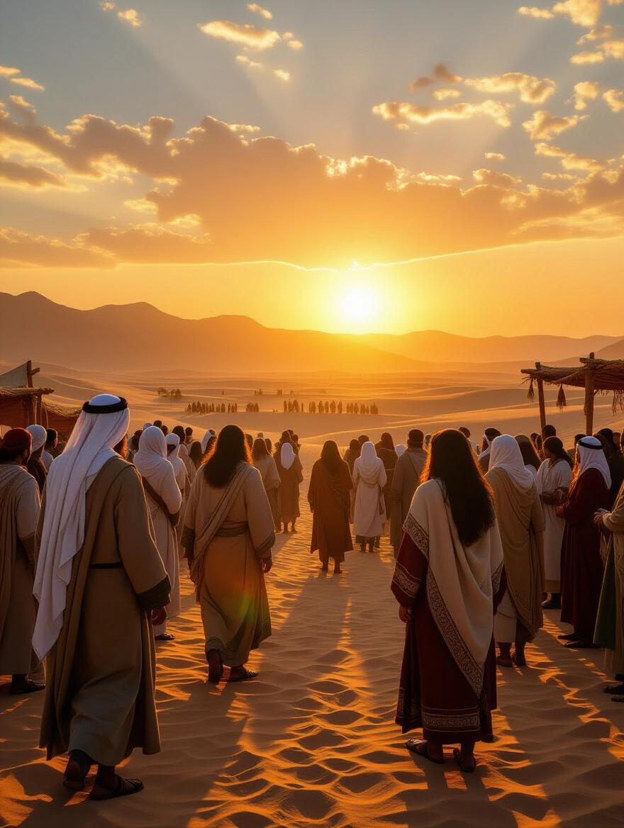 A bright sunrise illuminates a desert landscape. Young biblical characters gather in clothes from Abraham's period. They celebrate heritage and community together. The image captures hope and promise. The scene is hyper-realistic with intricate details.