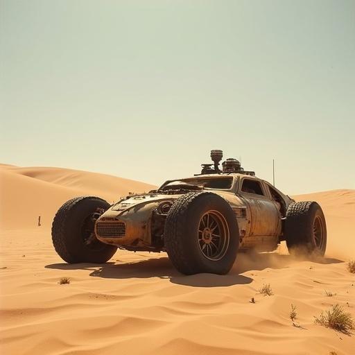 Car from Mad Max universe stands in desert sand. Bright sunlight illuminates scene. Terrain features dunes in background. Rugged vehicle design evident.
