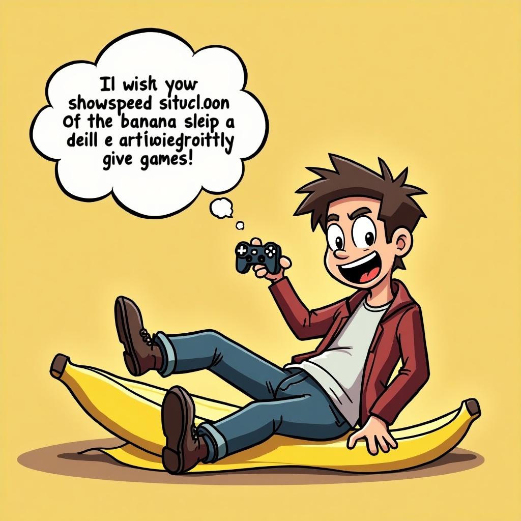 A cartoon character sits on a giant banana holding a game controller. The character has an enthusiastic expression and is looking at the viewer. A speech bubble features a humorous text about gaming.