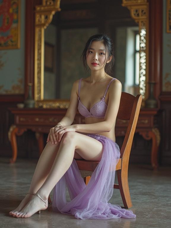 Petite Asian girl sits on a chair in a feudal China imperial hall. She wears a purple mini skirt and light purple bra. She has wet tied hair and smiles softly. The scene captures a nostalgic vibe with visible lens dust and film grain.