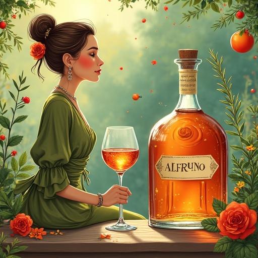 A woman toasting with a cocktail glass in a serene garden. A liqueur bottle labeled 'ALFRUNO' beside her. Green boho blouse and wrap-skirt. Hair in a bun with a flower. Golden-reddish shimmering liquid in glass. Lush greenery and flowers in background.