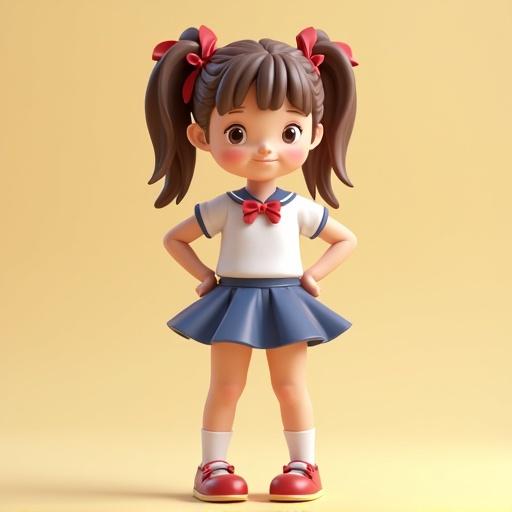3D animated character of a schoolgirl wearing a mini skirt. She stands confidently, smiling. Pink hair with bows, wearing a white shirt and blue skirt.