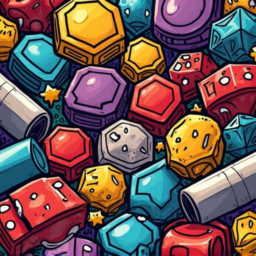 Vibrant colorful doodle drawing of epic comic style board game items with thick black stroke lines. Items are densely packed with no space between them.