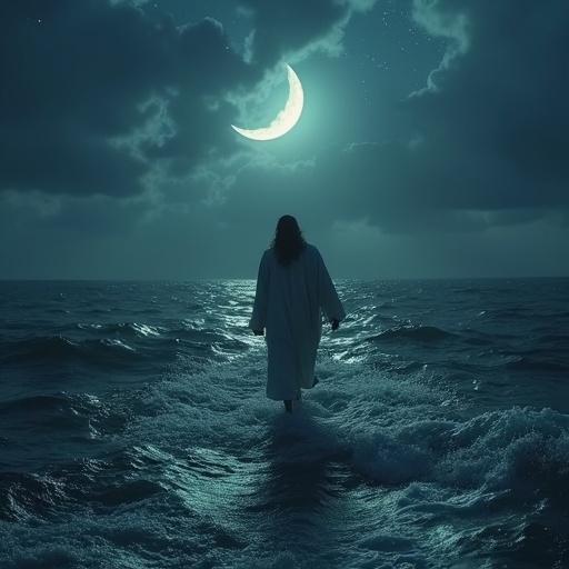 Jesus walks on water during a storm. Hyperrealistic photo inspired by cinematic film stills. Dynamic angle and volumetric lighting. Dramatic night with a crescent moon and stars. Evokes solemnity of Renaissance art. Deep eyes of Jesus face the camera. Serene atmosphere on the Sea of Galilee.