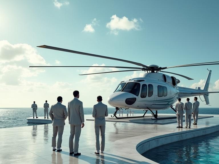 Ultra realistic photo of hotel staff waiting for helicopter at helipad. Grand futuristic hotel on island. Crew dressed in suits. Clear skies and ocean in background.
