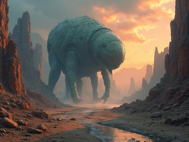 Create an exotic surreal alien world with a large creature in a rocky canyon setting during sunset.
