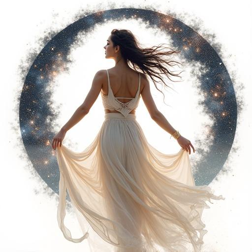 Depiction of goddess Artemis inspired by traditional Chinese painting. Features a woman in a flowing dress surrounded by a galaxy circle. White background enhances the ethereal feel.
