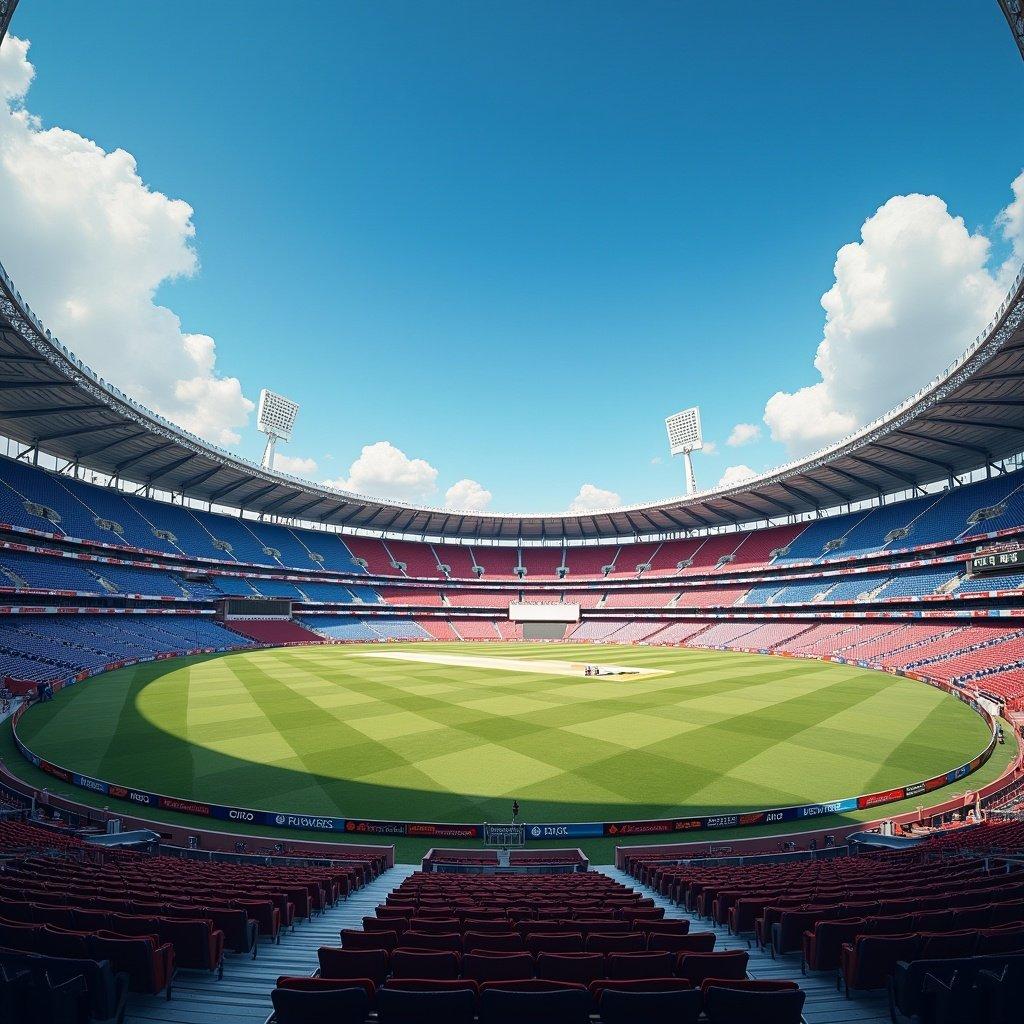 A panoramic view of a cricket stadium featuring vibrant colors of red and blue. The well-manicured grass pitch is prominent under a blue sky with a few fluffy clouds.