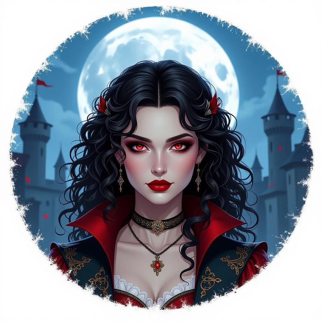 Attractive vampire with translucent skin and curly hair. She has piercing red eyes in front of a medieval castle during a full moon in a close-up.