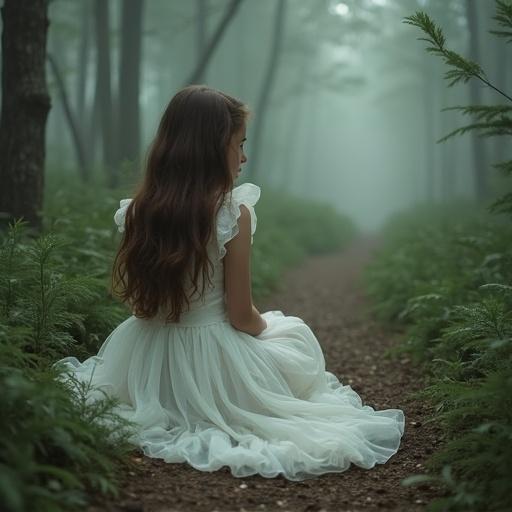 A young girl quietly sits in a misty forest. She has long brown hair. She wears an ethereal white gown.