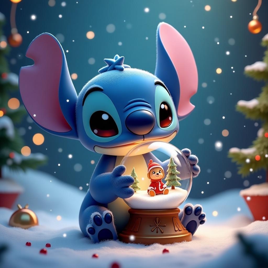 Stitch character holding a Christmas snow globe filled with trees and a tiny figure. Background has snowflakes and festive decorations. Cozy winter scene.