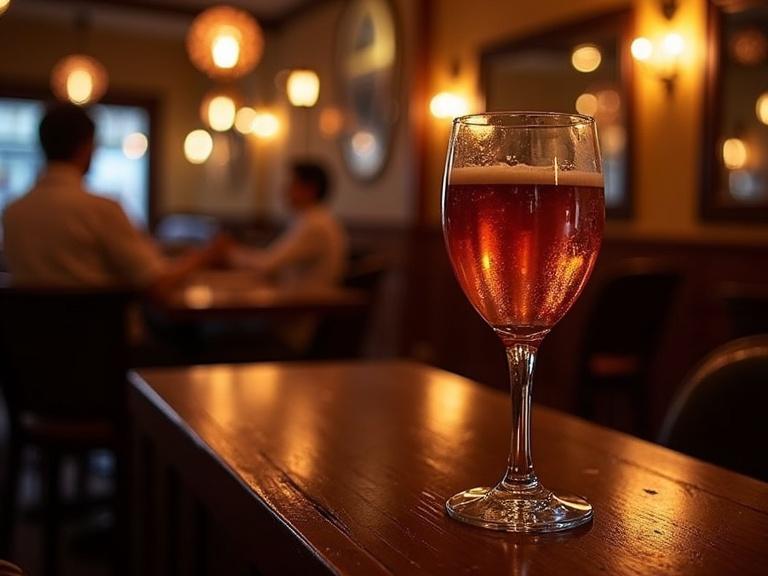 A glass of beer on a bar table the background is blurred with a warm ambiance two people sitting at a table