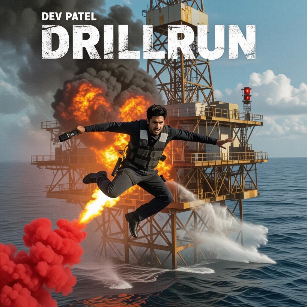 Dev Patel mid-air in slow-motion dive from collapsing rig tower. Behind him, fireball trails and smoke curls. Red smoke signal lights a path. Ocean splashes upward below. Close-up adrenaline face, dramatic camera tilt. Lighting: Industrial fire and sunlight mix. Setting: Oil rig over ocean. Resolution: 4K. Tone: Disaster-action.