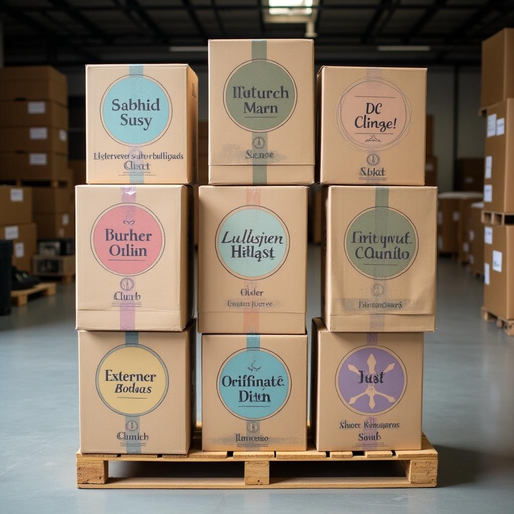 The image depicts a neatly organized stack of eleven boxes on a wooden pallet. Each box features distinct labels with different colors and titles, hinting at various products inside. The setting is a spacious warehouse with a clean, industrial look. The focus is on the boxes, showcasing their design and labeling. The lighting creates a clear view of the boxes and the pallet they sit on, emphasizing organizational aspects of storage.