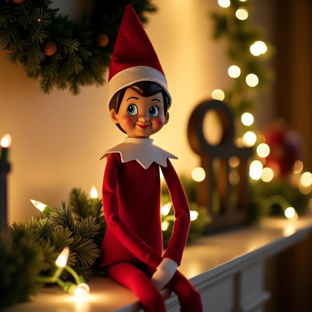 The image depicts a cheerful elf on the shelf named Nancy, sitting on a beautifully decorated mantel. Dressed in a bright red outfit, Nancy has a friendly smile, evoking the magic of Christmas. The mantel is adorned with festive decorations like a lush green wreath and twinkling Christmas lights. Soft, warm lighting enhances the cozy holiday atmosphere, making it inviting. This scene captures the essence of holiday traditions and family gatherings, bringing joy and nostalgia to viewers.