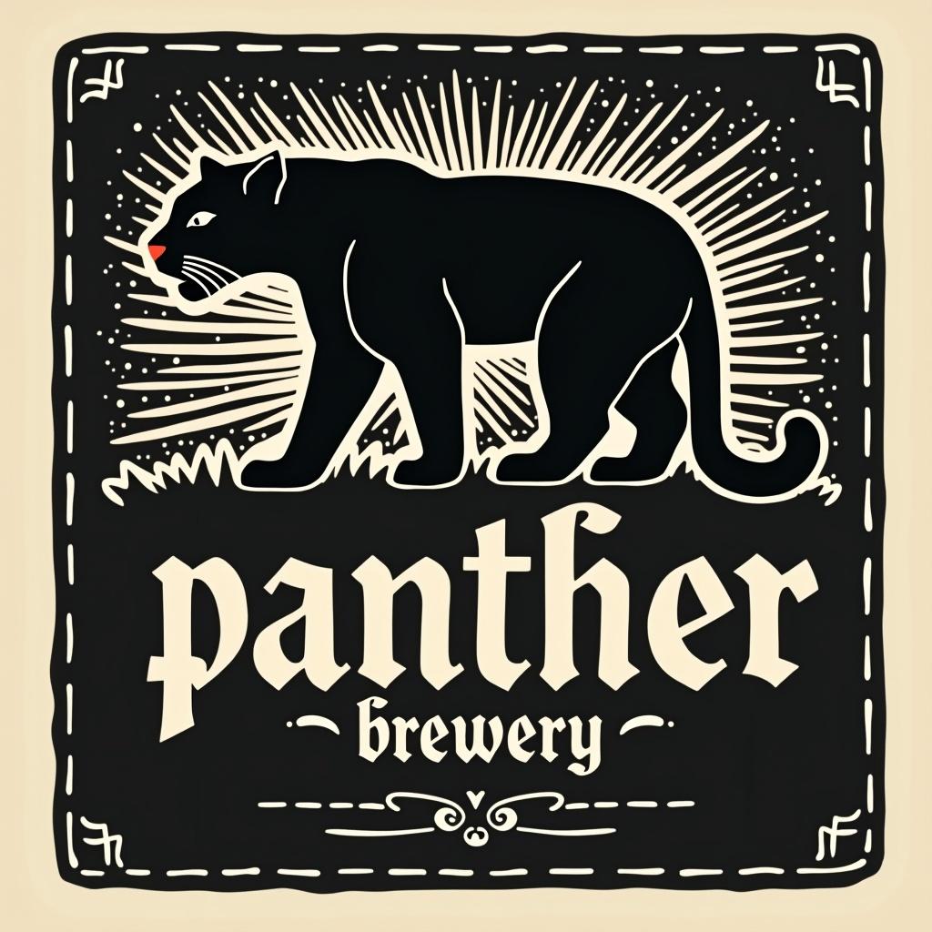 Vector logo with a silhouette of a panther. Simple shapes and lines. Minimal black and white design. Old English traditional folk art style. Medieval illustration style with the words 'Panther Brewery' in round, swirling serif typeface.