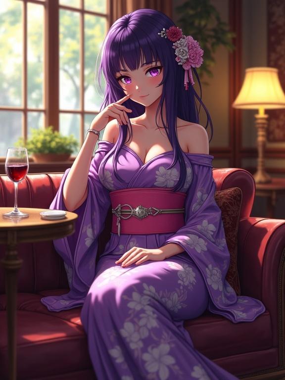 Anime beautiful sexy lady in a luxurious retro lounge. Sitting gracefully on an elegant vintage leather sofa. Striking violet hair and piercing violet eyes. Traditional Japanese shiny violet off-shoulder kimono with white floral patterns. Stylish shiny pink obi belt. Long flowing hair with delicate hair accessories. Relaxed yet refined posture with crossed legs. Glass of wine on the table beside her. Nostalgic charm with warm golden lighting. Cozy inviting atmosphere with antique decor and serene window view. Composed enigmatic expression embodying grace and confidence.