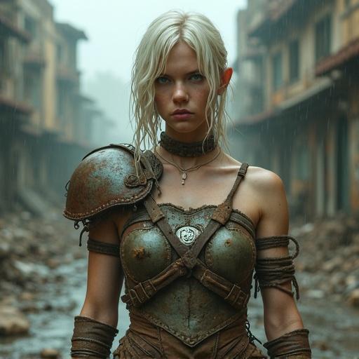 A fierce post-apocalyptic female warrior with pale skin and wet platinum blonde hair stands in a ruined urban street. She wears asymmetrical rusted metal armor on her left shoulder, strapped with old leather. Her arms are wrapped in worn leather bracers with steel plates. A patched-up chest harness holds a dented scrap-metal breastplate with a glowing rune. Her torn fabric dress is reinforced with stitched cloth strips. Earthy colors dominate, rain falls lightly, and the background features debris and destroyed buildings. The color grading is desaturated with accents of oxidized green and rust red. Her expression remains cold and focused.