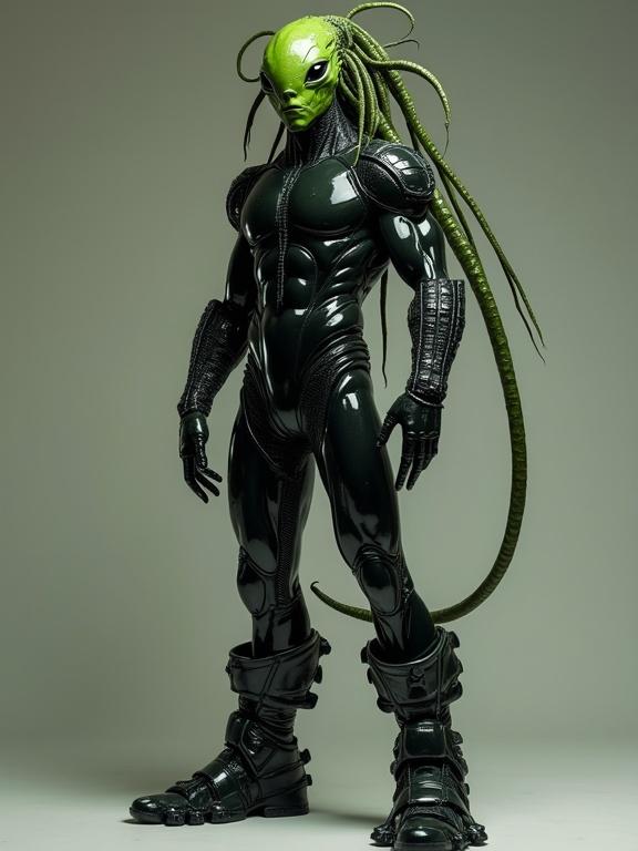 Photorealistic full body portrait of a humanoid alien. Masculine and handsome face. Slimy viridian skin. Black eyes. Tentacles from scalp like dreadlocks. Very tall at 7'3". Wearing shiny black latex suit with tubes and armor. Muscular but lean build. Tree frog-like fingers. Amphibian-like legs.