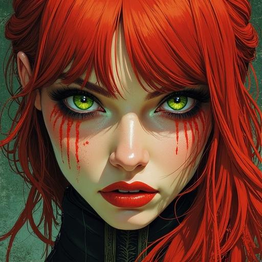 A stunning redhead with captivating green eyes. The style is edgy, resembling graphic novels. The character features intricate details. Blood-like streaks are under the eyes. Inspired by artists known for fantasy themes.
