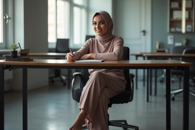 A young Middle Eastern woman wearing a hijab sits at a desk in an office. She is smiling and writing, with her feet visible under the desk. The office has large windows that allow natural light inside.