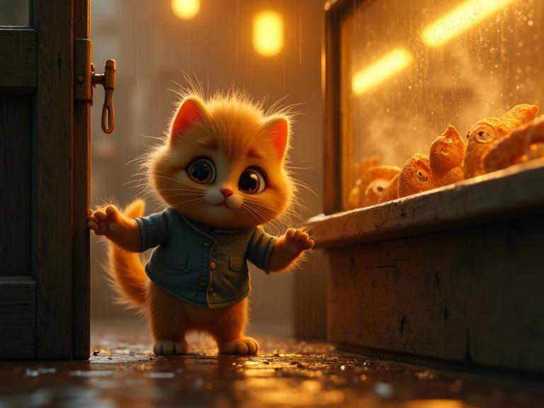 A rain-soaked village scene with a small golden kitten. The kitten has matted fur and a torn shirt. It pushes open a wooden door. Rain drips down its head. The camera follows its tiny pawprints into a warm butcher shop glowing yellow. It approaches a glass counter with fried fish. The kitten slowly raises a paw to the glass. The camera zooms into its eyes filled with silent hunger and hope.