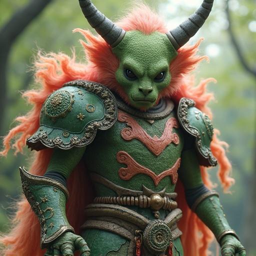 Exquisite Armor Ape yōkai with mossy-green pink-orange color palette
