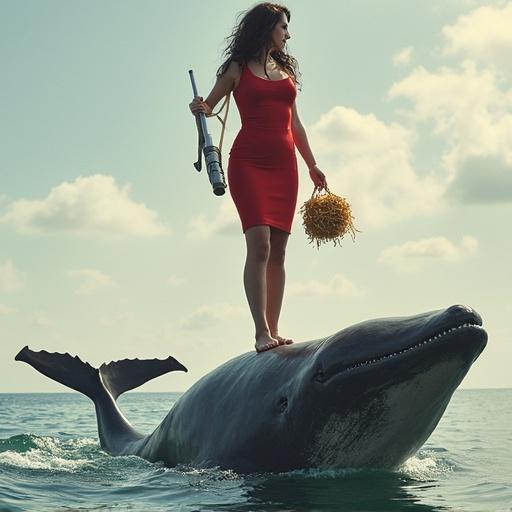 A woman stands confidently on a whale. She wears a tight red dress. In her left hand, she holds a bazooka. Her right hand carries a bag of noodles. The scene captures a surreal moment on the ocean. The whale swims beneath her.