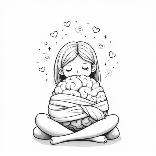Gender-neutral person sitting cross-legged on a cushion. Cradles oversized cartoon brain wrapped in a soft bandage. Tiny hearts and sparkles float above brain. Light wisps of cloud-like fog drift around head. Peaceful closed eyes and slight smile. Black and white line-art with thick clean outlines. Minimal line density with wide white space. Centered composition in portrait orientation.