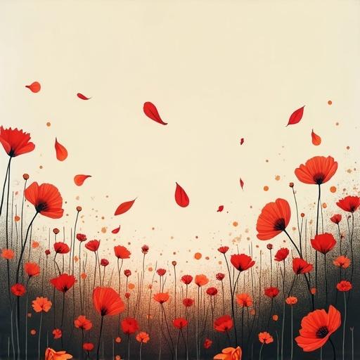 Petals are falling in a garden. The composition is dreamlike and minimalist. It features surreal elements with abstract forms. Textured brushwork adds depth. The illustration tells an emotive story.