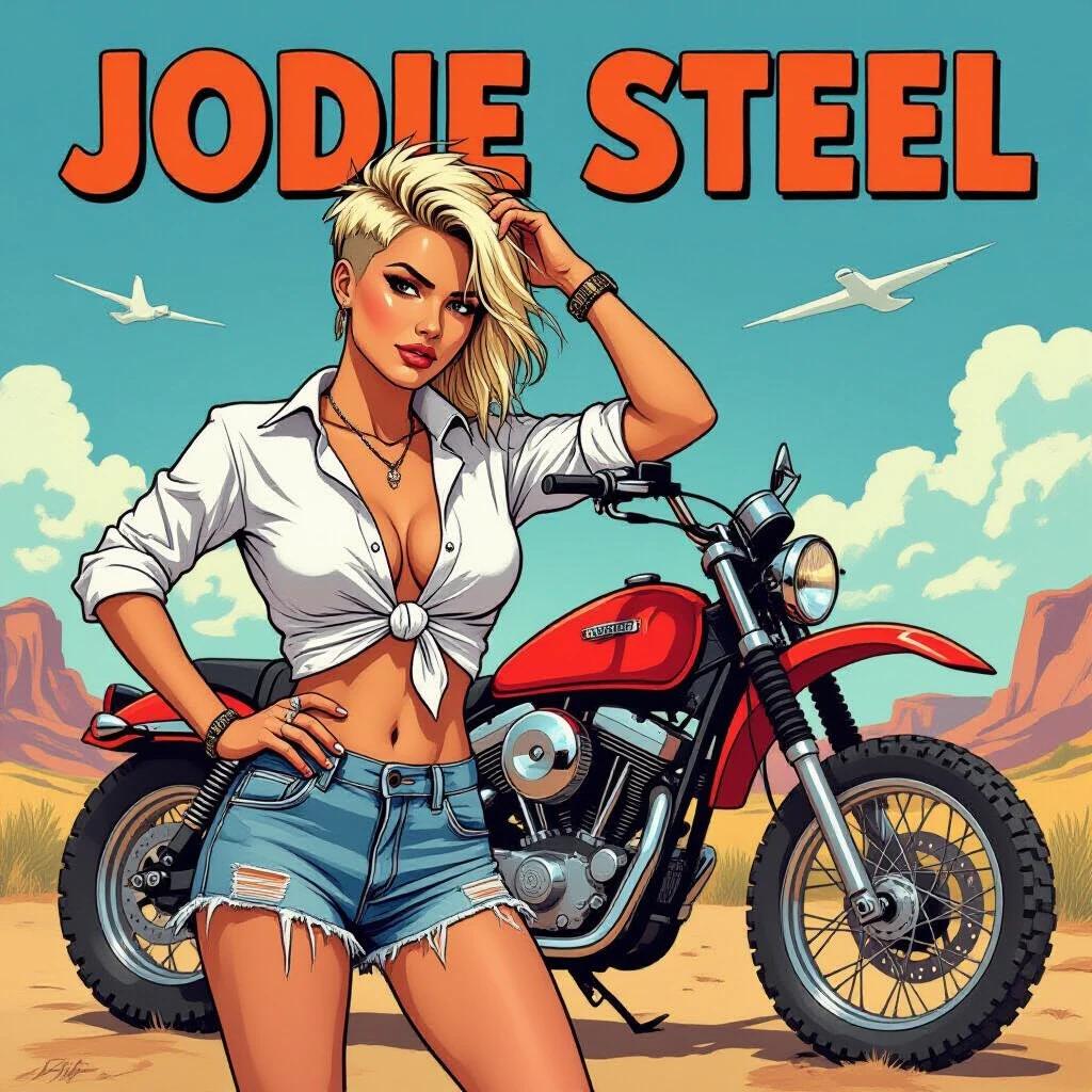 A confident woman stands next to a red motorcycle. She has a punk hairstyle. She wears a knotted white shirt and faded denim shorts. The background shows a sunny desert landscape with blue skies and mountains.