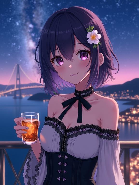A semi-anime beautiful woman smiles gently. A white flower is in her hair. She wears an off-the-shoulder blouse with lace and a black bow. A dark corset with floral embroidery is also worn. She holds a glass with an amber drink. An illuminated bridge is in the background with the Milky Way. She stands on a balcony facing the viewer. Her hair and eyes are dark violet.