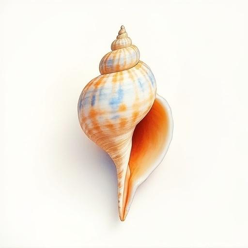 Watercolor artwork featuring a cream-colored conch shell with orange and blue stripes. Shell is depicted on a blank, centered background. Art is created in pastel colors.