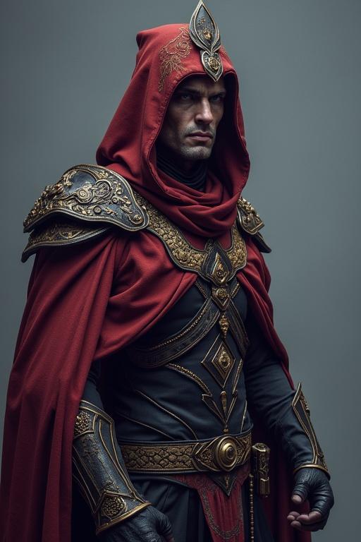 SultanShadow needs a new profile picture. A character dressed in ornate, medieval armor. Red hooded cape and intricate gold details. Strong facial features. Dark color scheme with accents of red and gold.