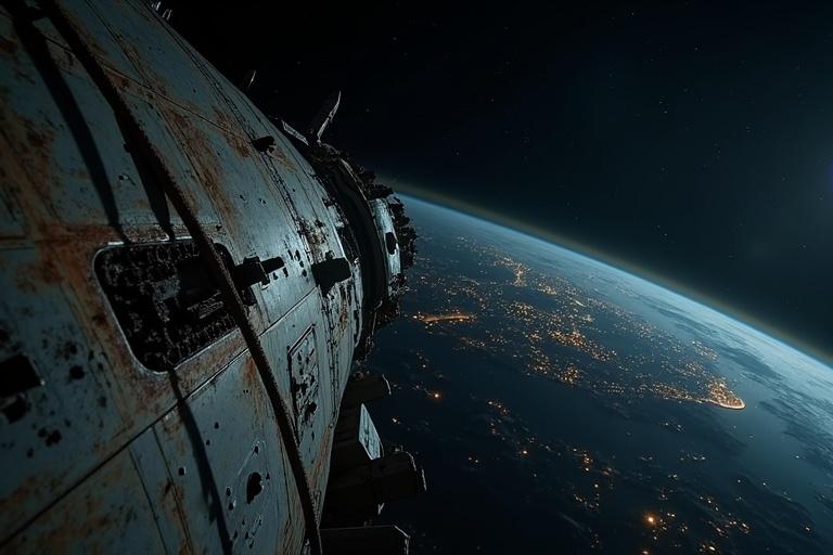 Ultra-realistic night scene featuring a rusted spacecraft moving through dark space toward a glowing city on Earth. The spacecraft shows massive weathering with rust, exposed wires, and sparks. City lights reflect softly on the ship as it drifts toward the distant urban skyline. The image captures ship details like rivets and space dust while stars are visible in the background. It sets a dramatic, atmospheric tone in high resolution with a 16:9 aspect ratio.