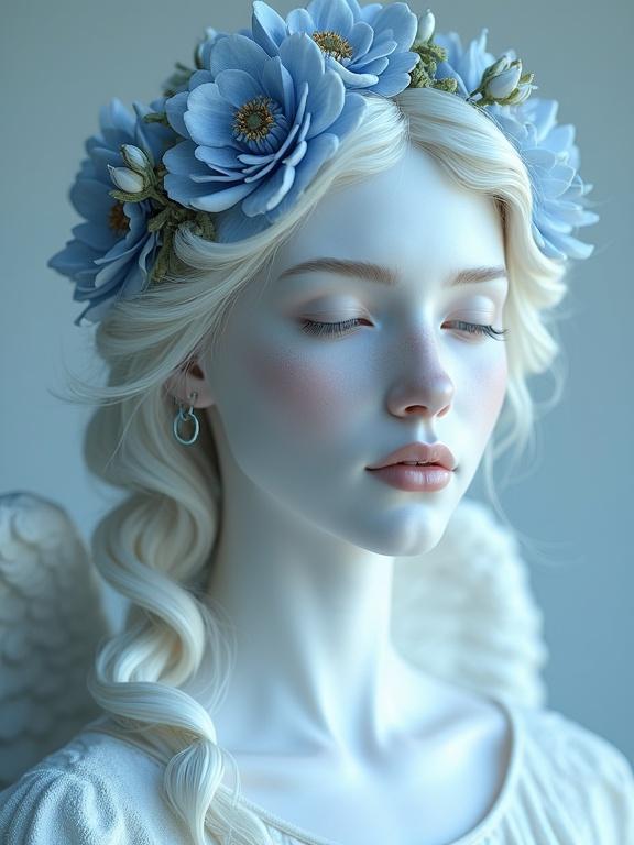 Beautiful female with porcelain skin. Angelic features highlighted with a blue floral crown. Soft blue and white colors. Ethereal look in photorealistic style.