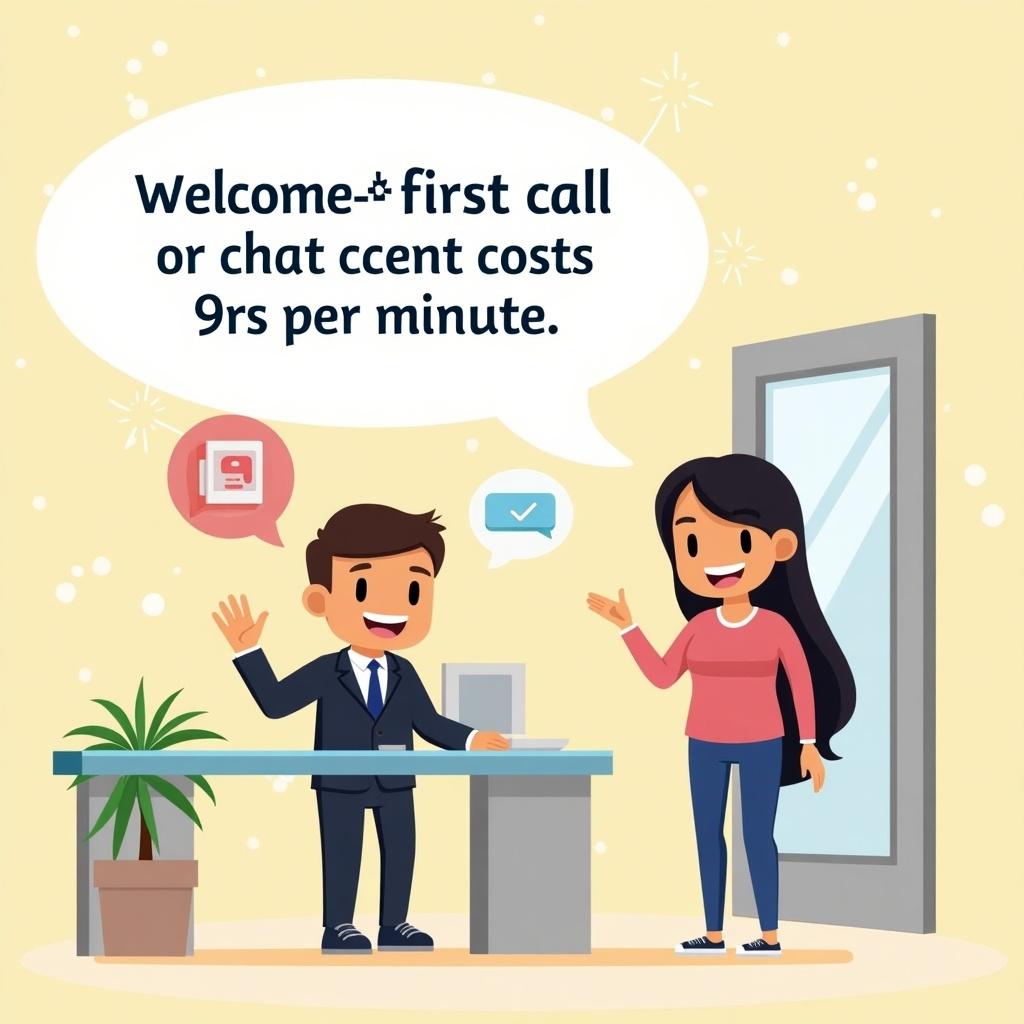 AstroSagga provides promotional offer to customer. First call or chat costs 9rs per minute. Friendly interaction at reception desk with cheerful characters.