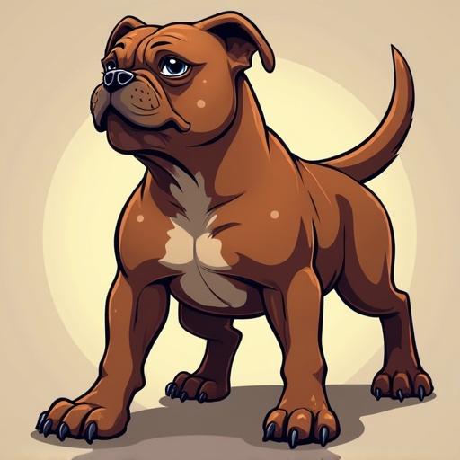 Muscular dog depicted in a cartoon style. Dog poses confidently with a strong build. The illustration features simplified lines and vibrant colors. Clean background highlights the character.