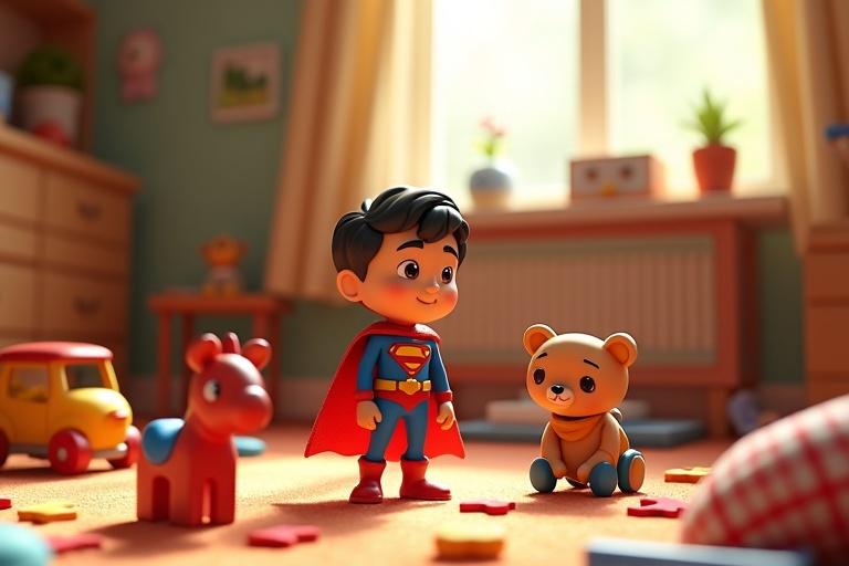 A 3D animated scene in a bedroom filled with toys. A superhero figure and a teddy bear interact. Toys are designed with human-like features and clothing. Bright colors enhance playfulness. Warm sunlight fills the room.
