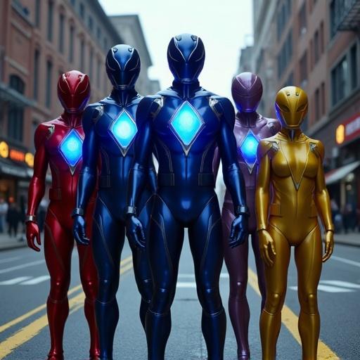 Five sleek power rangers stand in a detailed American town street. Colorful suits with glowing elements. Urban environment with stores, street lights, and cars. Dark cinematic atmosphere enhancing the vibrant costumes.