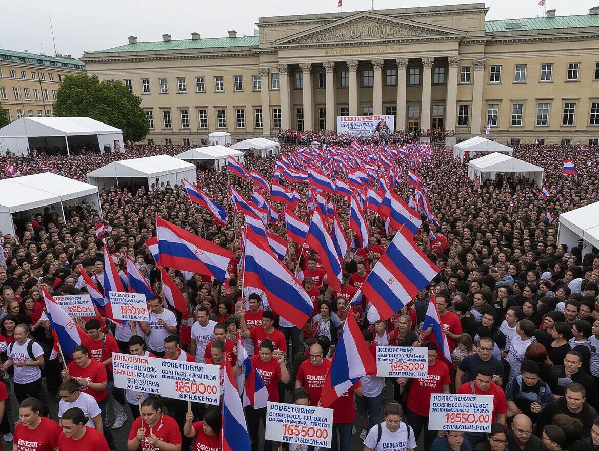 Crowd gathered at a political demonstration. People waving red, white, and blue flags. Signs held by individuals. Large group of participants visible. Buildings in the background.