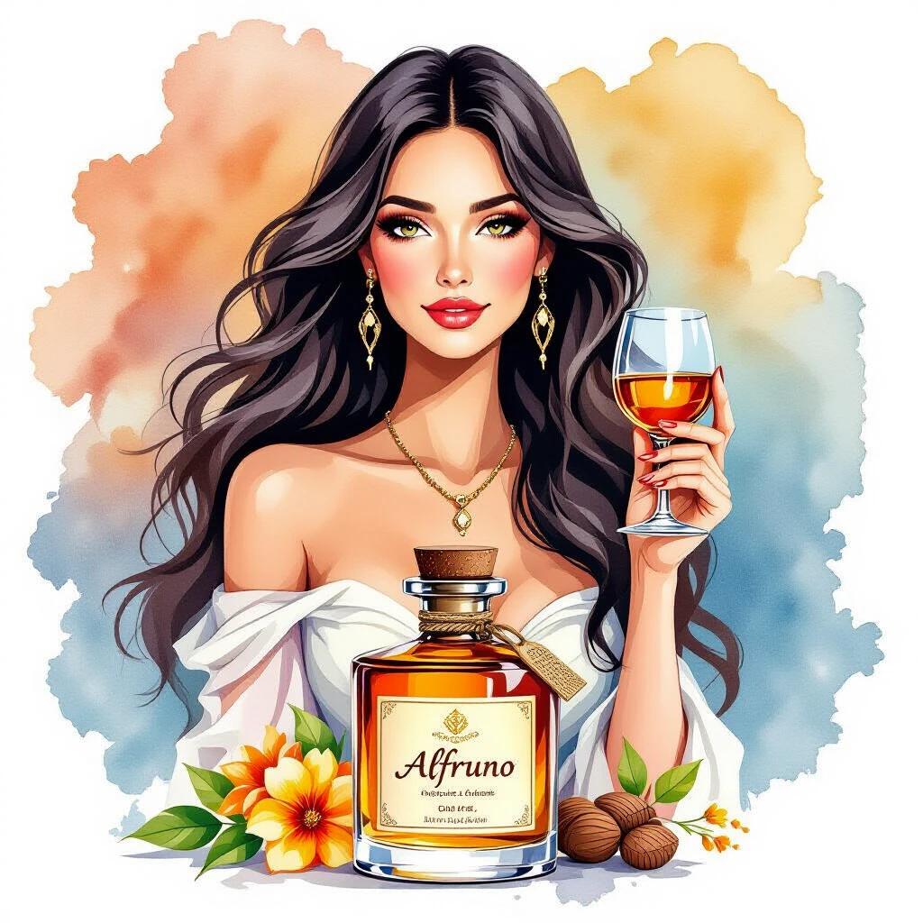 Stylized illustration depicting a Venus goddess with flowing dark hair. Holding a glass of amber liqueur. Expression of serenity. Adorned with a necklace and earrings. Background features watercolor splashes in orange and blue. Lower part showcases an apothecary-style bottle labeled Alfruno. Bottle has a cork cap, hang tag displays name in elegant script. Flanked by filled glasses, decorative roses, green foliage. Text above in curved layout reads 'Genuss aus dem Garten der Natur' in warm red hue.