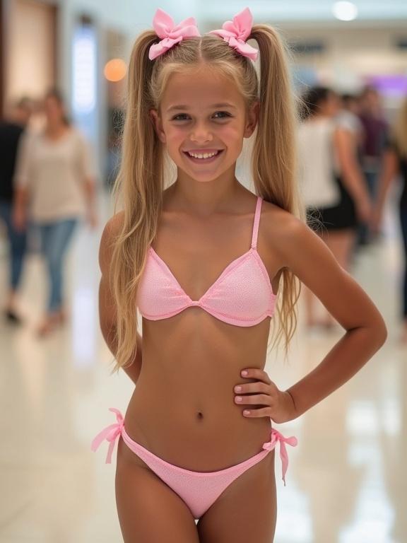 Photograph of a girl with long blonde hair styled in twin tails wearing pink bows. She is smiling and posing in a pink bikini while standing in a mall.