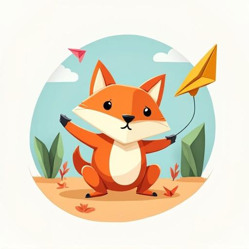 Cute cartoon logo featuring a friendly fox and a paper airplane. They are playing with each other in a colorful environment with abstract paper shapes.