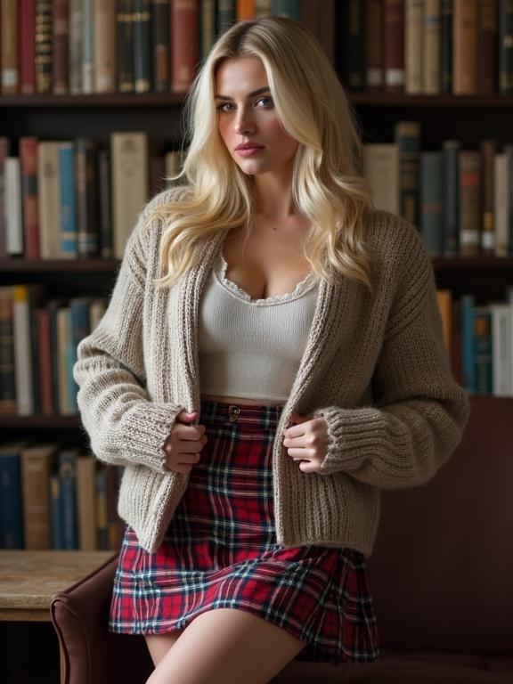 Woman wearing a cozy beige sweater and plaid skirt poses in a library. The background features bookshelves filled with books. Lighting is dynamic and highlights her features. Strong gaze with a hint of blush on her cheeks.