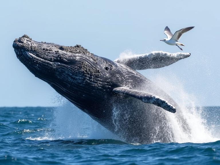 Photograph of a humpback whale breaching ocean's surface with water splashing. Whale's head partially out of water showing rough gray skin with barnacles. A bird flying in background. Clear blue ocean water. Bright sunlight. Dynamic energetic scene. High detail capturing natural wildlife moment in mid-action, whale's mouth open, water droplets frozen, detailed texture of whale's skin, ocean waves, outdoor setting, action photography style, vivid colors, sharp focus.